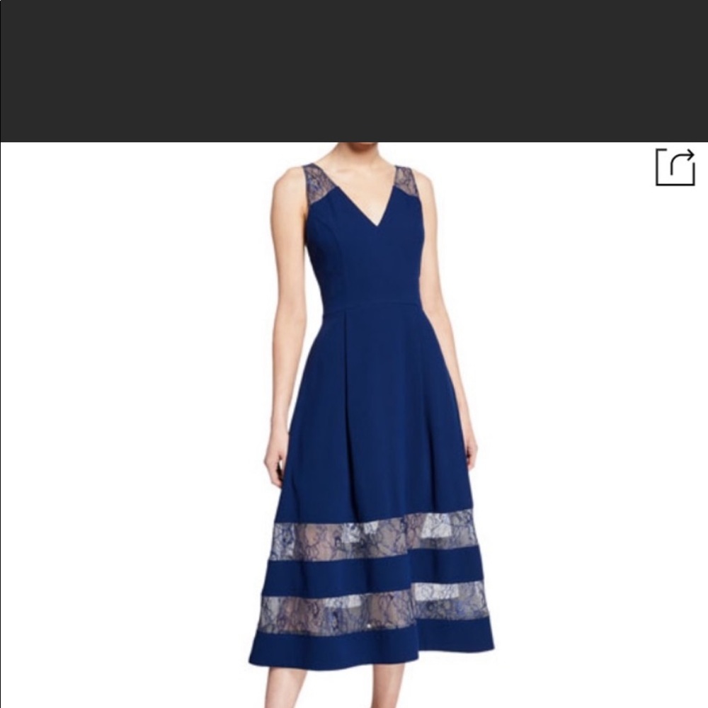 Aidan Maddox aline navy blue midi cocktail dress with lace accent